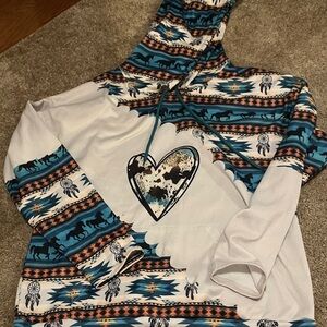 Southwestern Heart Print Hoodie in Teal & White lightweight